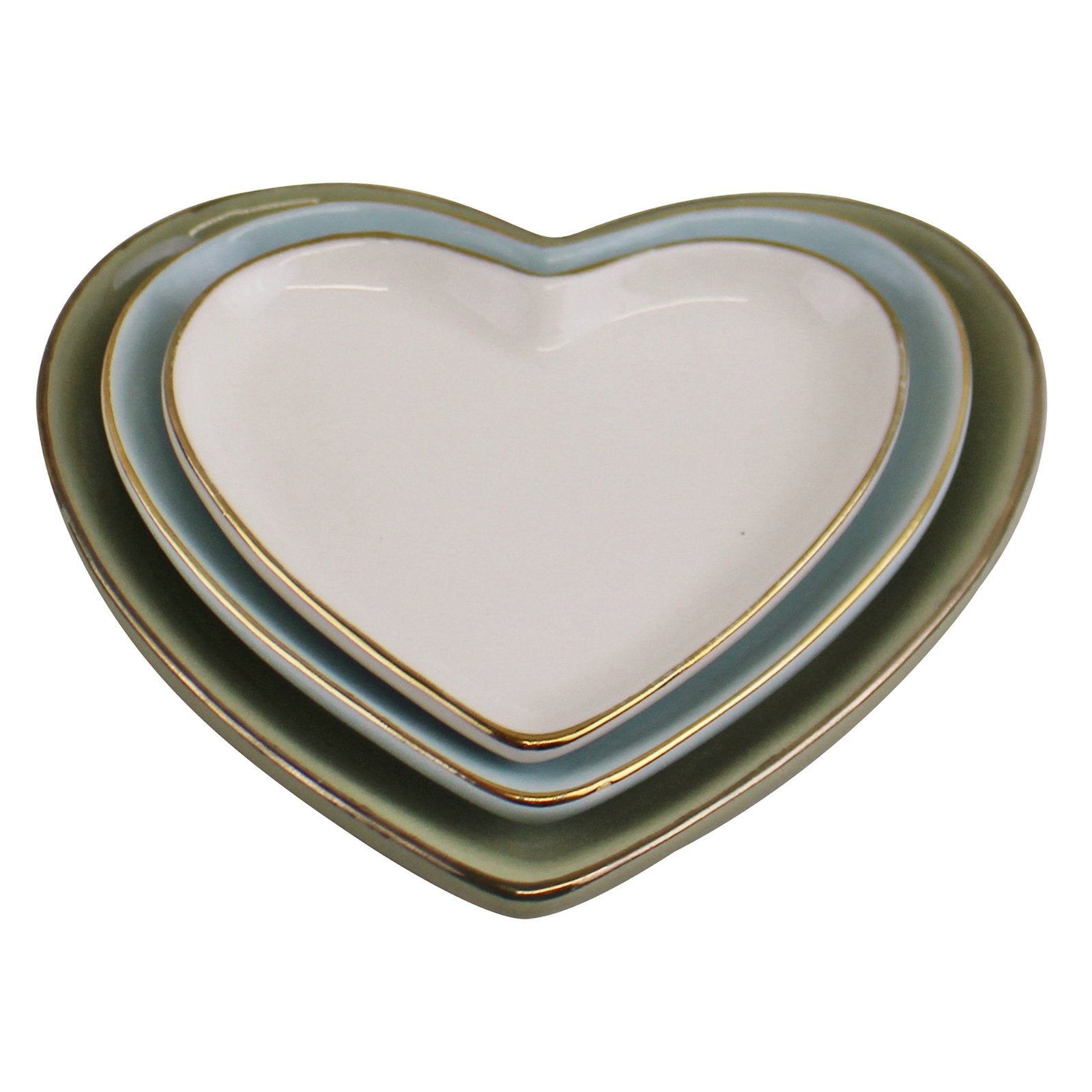 Set Of 3 Heart Shaped Ceramic Trinket Plates With A Gold Edge - Kaftan direct