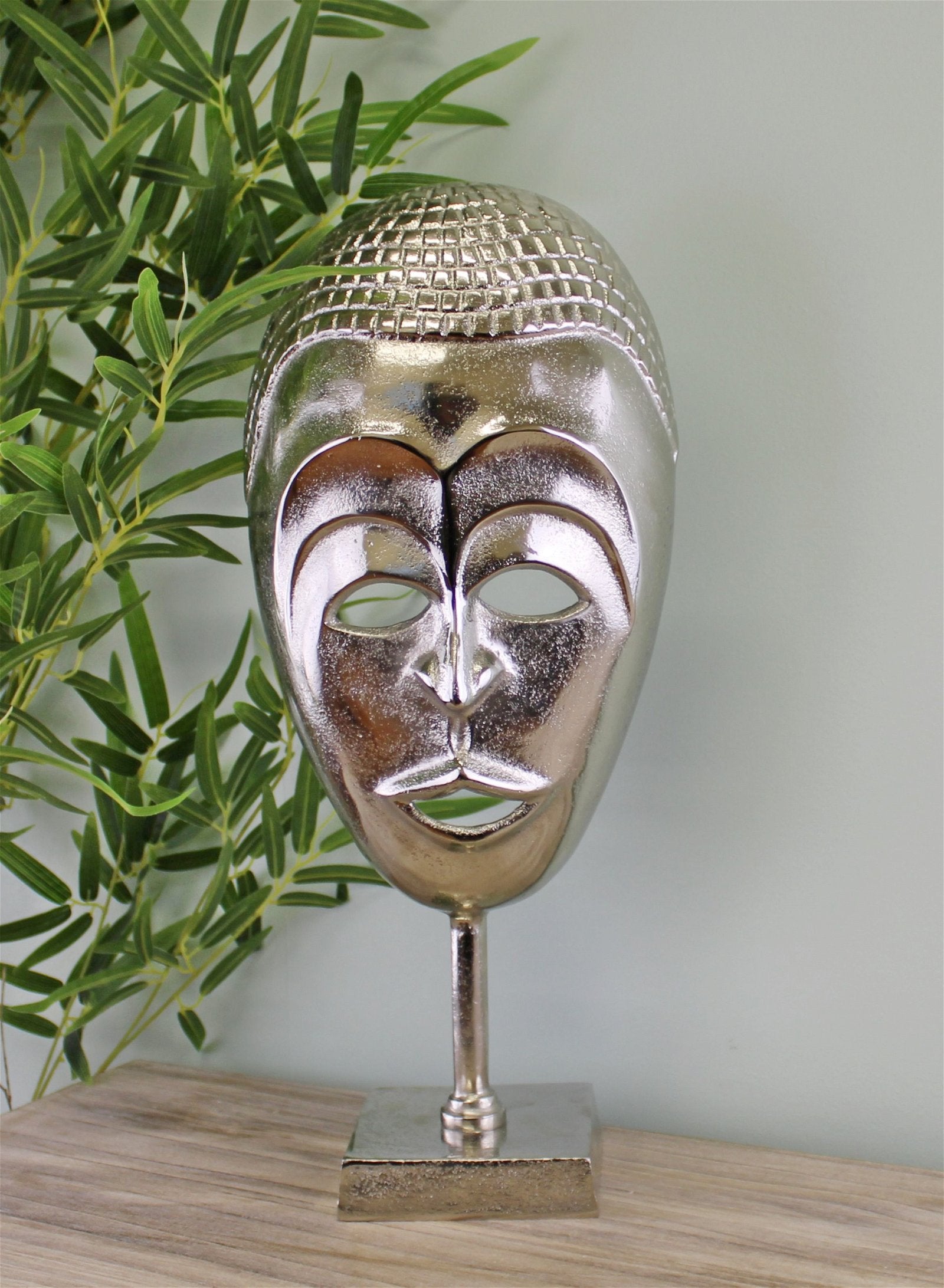 Silver Metal Tribal Mask Sculpture - Kaftan direct