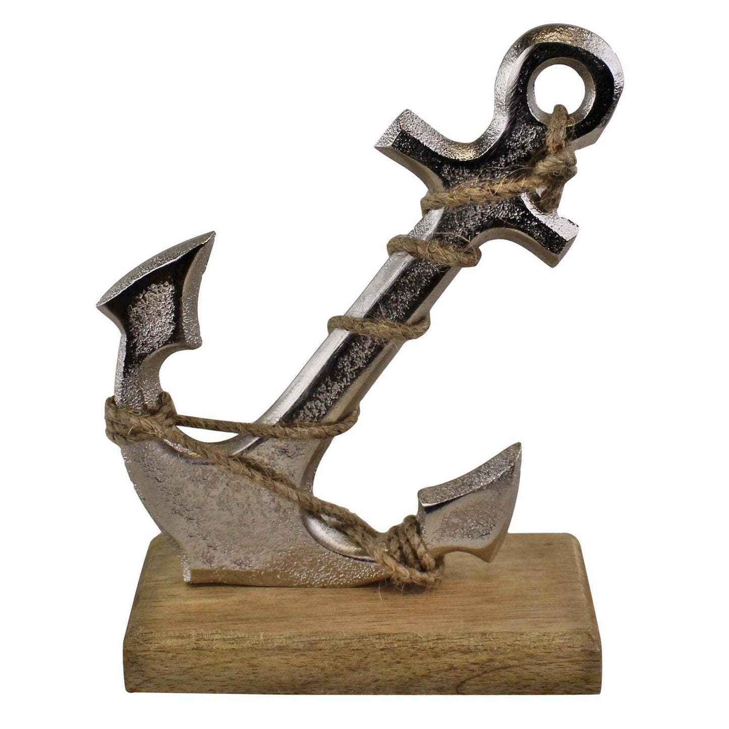 Silver Metal Anchor Ornament On Wooden Base - Kaftan direct