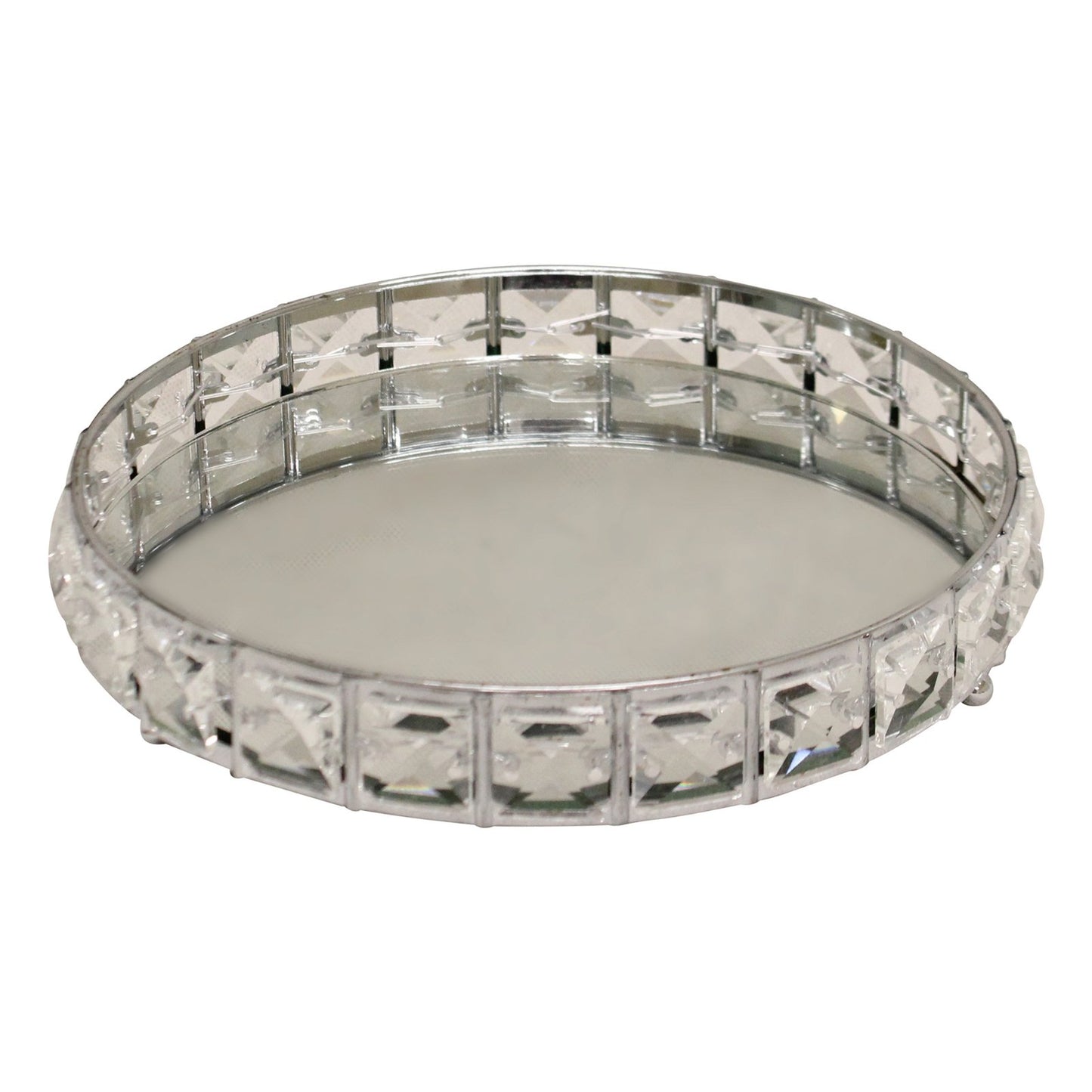Small Mirrored Silver Tray With Bead Design, 21cm.