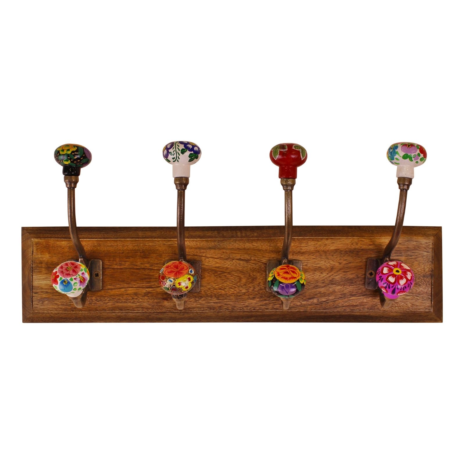 Mexican Floral Ceramic Hooks on Wooden Base - Kaftan direct