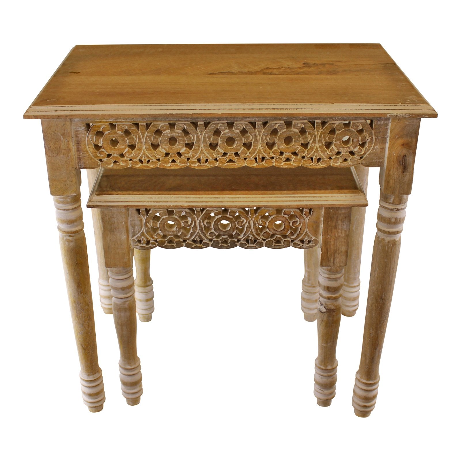Set of 2 Carved Edge Wooden Side Tables - Kaftan direct