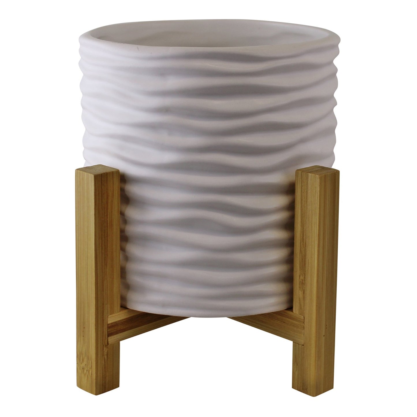 Small White Stoneware Planter On Wooden Stand - Kaftan direct