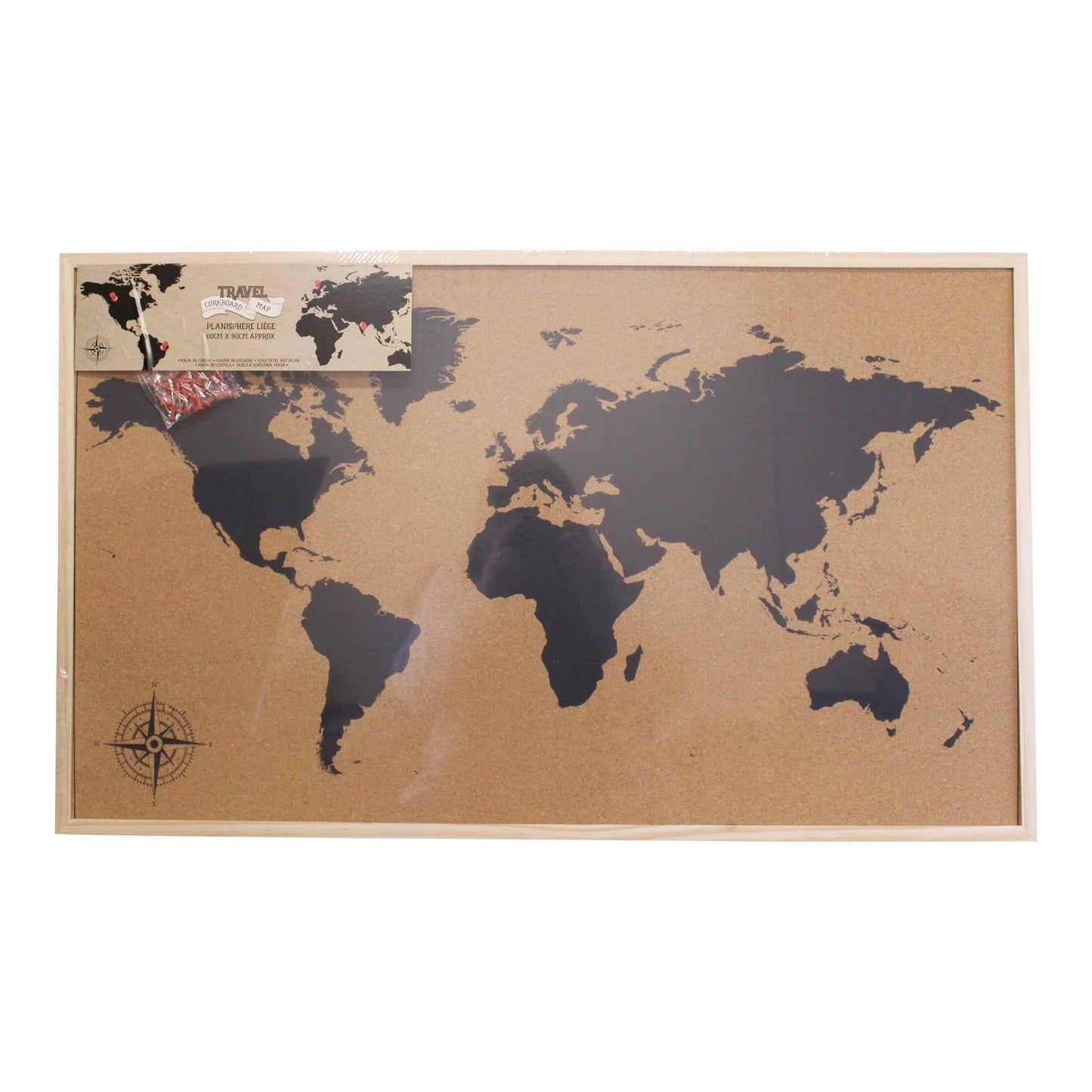 Framed Travel Corkboard Map, 90x60cm