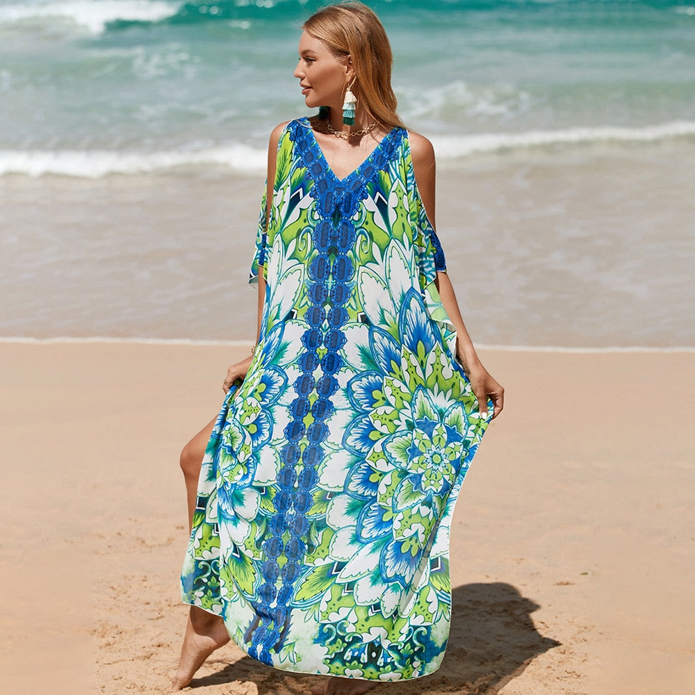 Green Bohemian Beach Dresses Cold Shoulder Cover Ups for Swimwear Fashion Kaftans for Women Maxi Robe Holiday Bathing Suits - Kaftans direct